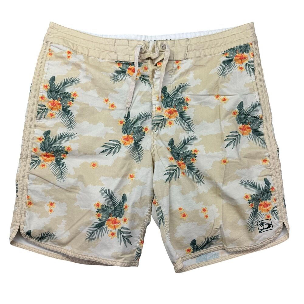 Honolua Hawaii Board Shorts Mens 32 Beige Floral Tropical Swim Trunks Drawstring